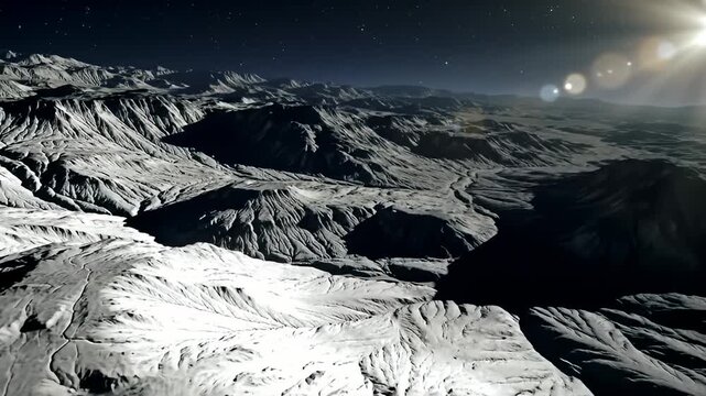 Barren moonscape under a starlit sky, with a bright sun casting long shadows
