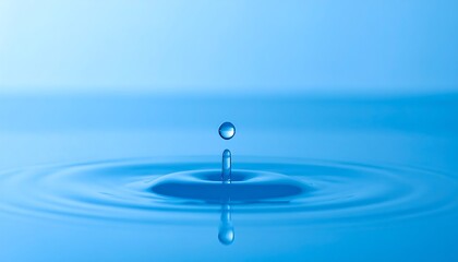 A single water droplet rests on the surface of still water, creating a tranquil and serene image.