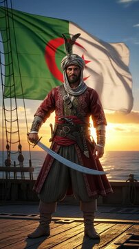 Portrait of a fierce Barbary corsair, a North African pirate captain standing on a ship deck with a scimitar sword against an Algerian flag at sunset.