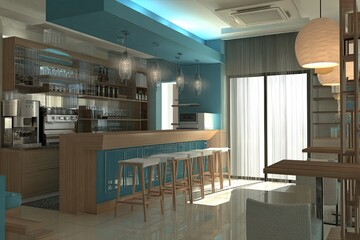 Cozy cafe interior, teal accents
