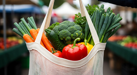 Vibrant fresh vegetables in an eco-friendly bag from a local market