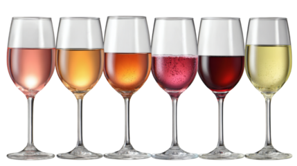 Elegant wine glasses filled with delightful rosé, white, and red wine selection