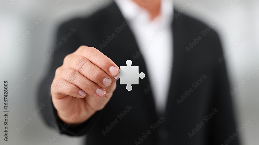 Poster businessman holding a puzzle piece in an office setting abstract concept of problem solving and team