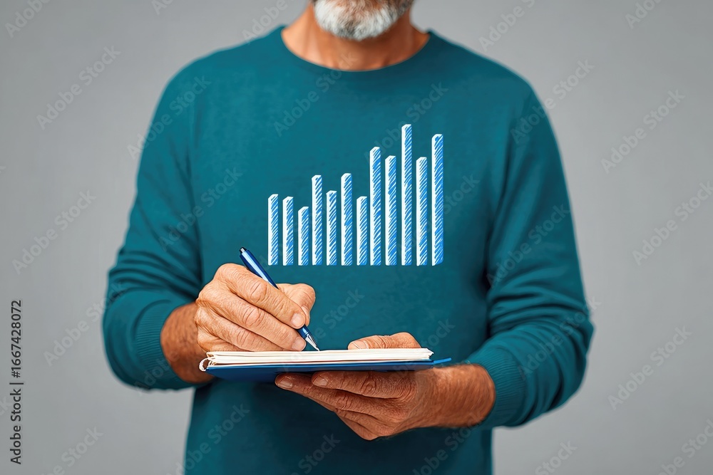 Poster business growth strategies analyzing data trends with a tablet in a modern office setting focused on