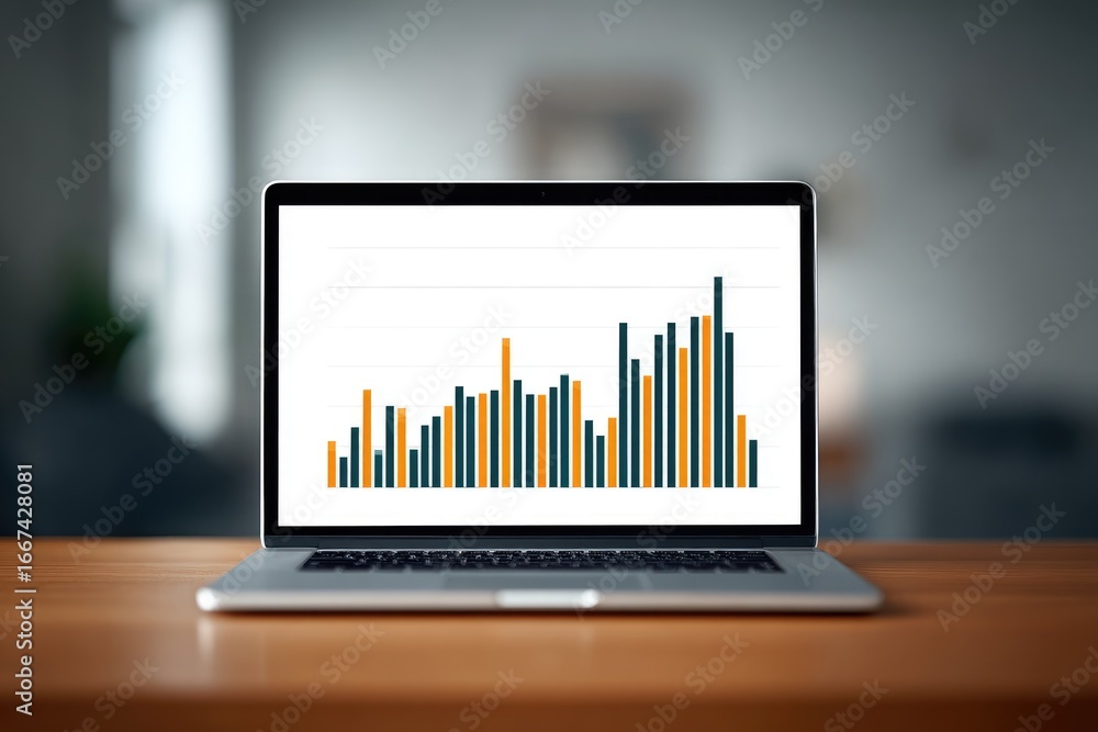 Poster analyzing business growth trends laptop displaying graphs in a modern office environment informative