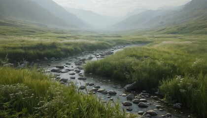 Fototapeta premium Serene Italian Mountain Valley At Sunrise With Winding Stream