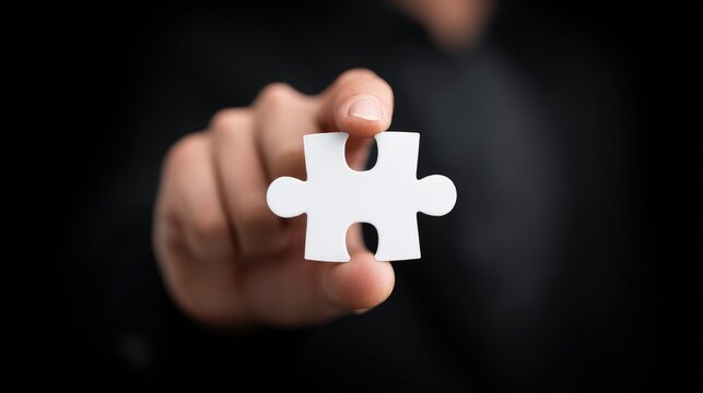 Puzzle piece handheld focus studio setting close-up photography dark background minimalist concept for problem solving
