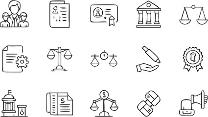 Vector illustration showing a collection of law and business related icons in a hand drawn doodle style set up