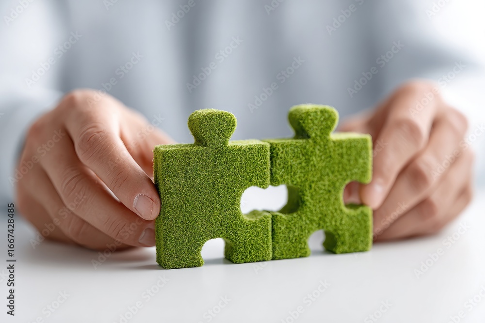 Poster creative collaboration two green puzzle pieces held hand-in-hand indoor setting conceptual image of 