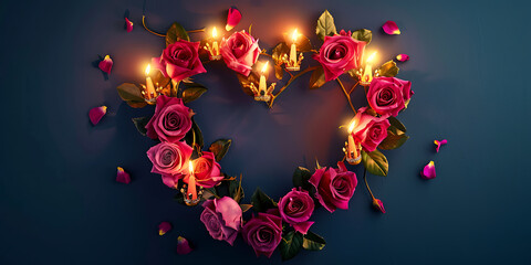 Elegant heart of pink roses illuminated with soft lights against dark background