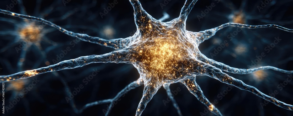 Poster neurological disorder in sclerosis patients concept. detailed view of a glowing neuron with intricat