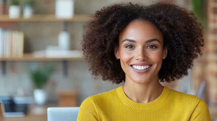 Fototapeta premium Bright smile, curly hair, cheerful expression, casual attire