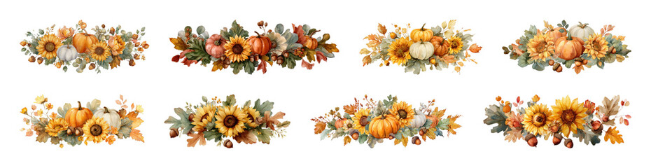 PNG Autumn floral arrangements with pumpkins, element set on transparent background