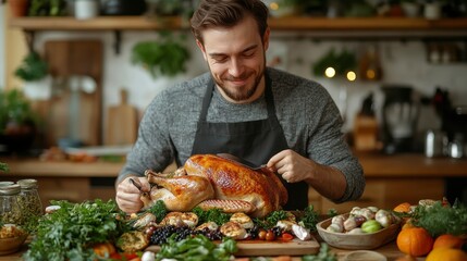 Delightful Chef Preparing Festive Meal with Roast Turkey and Vegetables