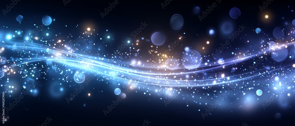 Poster abstract background with blue and white glowing light streaks and numerous sparkling particles creat