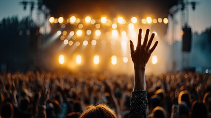 Goosebumps from live music experience concept. A crowd at a concert with hands raised in excitement and joy.