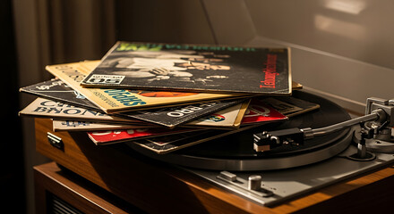 Vintage Vinyl Records Stacked on a Turntable