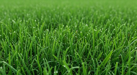 Obraz premium A detailed close-up shot of a lush green lawn covered in shimmering morning dew droplets