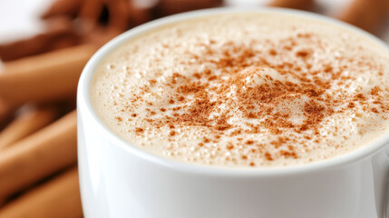 Creamy coffee topped with cinnamon, creating warm and inviting atmosphere
