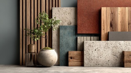 Modern interior moodboard with medium wood panel, wood slat panels, large concrete slab, beige flooring stone, brass metal accents, green plant and glass elements for elegant design inspiration