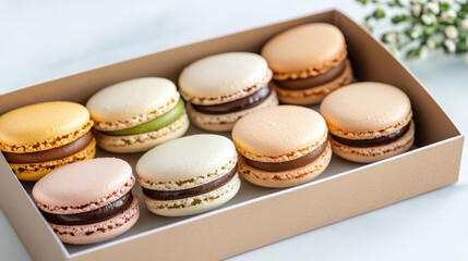 Colorful macarons in bakery box, showcasing variety of flavors and textures