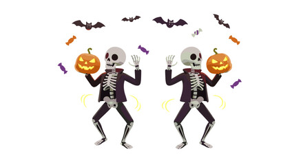 Two festive skeletons holding Jack-o'-lanterns surrounded by bats and candies, perfect for Halloween. This vibrant illustration captures the spirit of spooky fun.