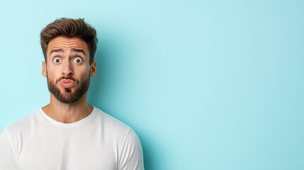 Fototapeta premium Confused man with surprised expression and beard against blue background