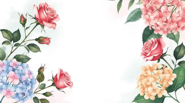 Hand-painted watercolor border featuring romantic pink roses and lush hydrangeas, creating a delicate floral frame on a white background