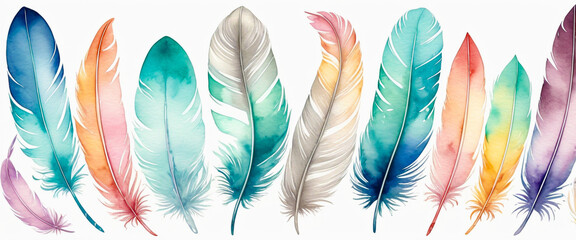 Colorful watercolor feathers on white background. Soft pastel feathers with watercolor gradient. Gentle pastel feather design with artistic watercolor effect. 