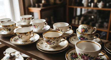 Elegant collection of vintage floral teacups and saucers with gold trim