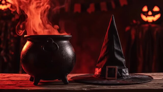 Steaming cauldron and witch hat with dramatic lighting and shadows