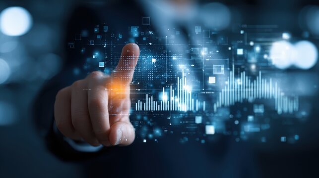 Ai Businessman working with modern interface Business analytics Big data technology and data science. Data flow concept.Business computing digital composite.