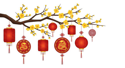 Apricot blossom branch with lanterns for lunar new year celebration, a festive and traditional vietnamese symbol, isolated on transparent background
