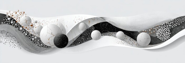 An abstract artwork featuring flowing white and black shapes with spherical elements, showcasing modern and artistic design.