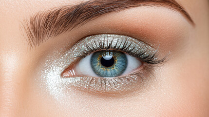 Obraz premium Glamorous eye makeup features shimmering silver eyeshadow and long eyelashes, enhancing beauty