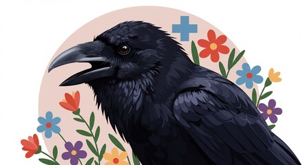 Fototapeta premium 花とカラスのイラスト素材