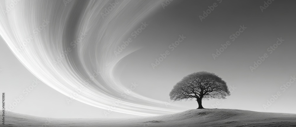 Poster a monochrome image shows a solitary tree on a hill with swirling abstract patterns creating a serene