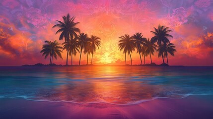 A picturesque tropical island at sunset on blurred background