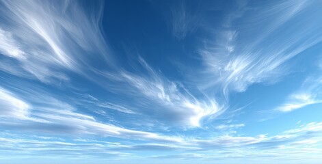 This image features a beautiful blue sky with delicate wispy white clouds creating a serene and picturesque scene.