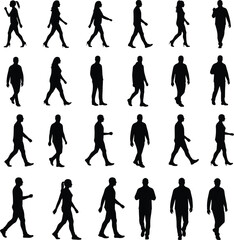 Silhouettes of walking men and women, casual people movement, business walking posture, human figures, vector design, lifestyle illustration
