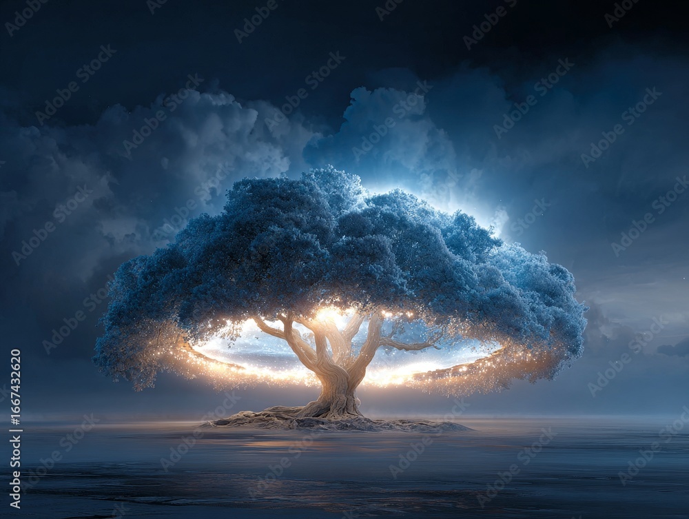 Poster a mystical tree with radiant light shining through its branches against a dark cloudy sky, creating 
