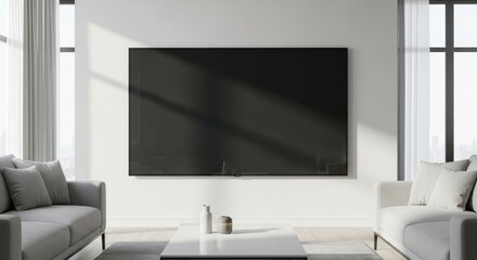Serene Monochromatic Living Room with a Large Wall-Mounted TV and Soft Window Light