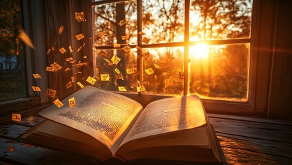 Open book with letters flying out, golden sunset light through window