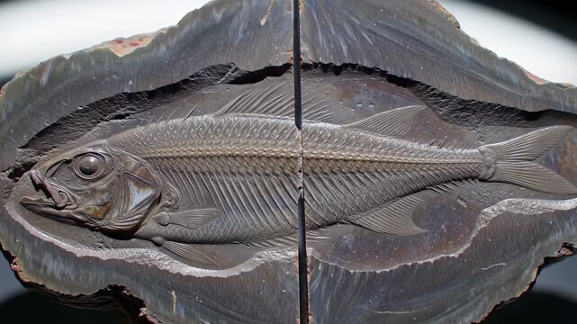 Split fossil rock with a perfectly preserved skeleton of a fish inside it