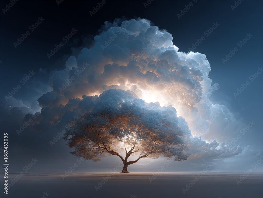 Poster a lone tree stands amidst dramatic clouds with light piercing through, creating a visually striking 
