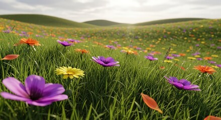 Obraz premium Idyllic Digital Meadow: Colorful Wildflowers on Sun-Kissed Rolling Green Hills