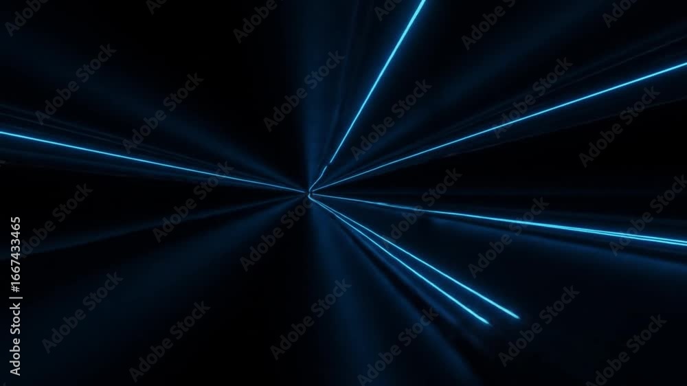 Poster dynamic blue neon light tunnel perspective with converging lines and deep shadows, futuristic motion