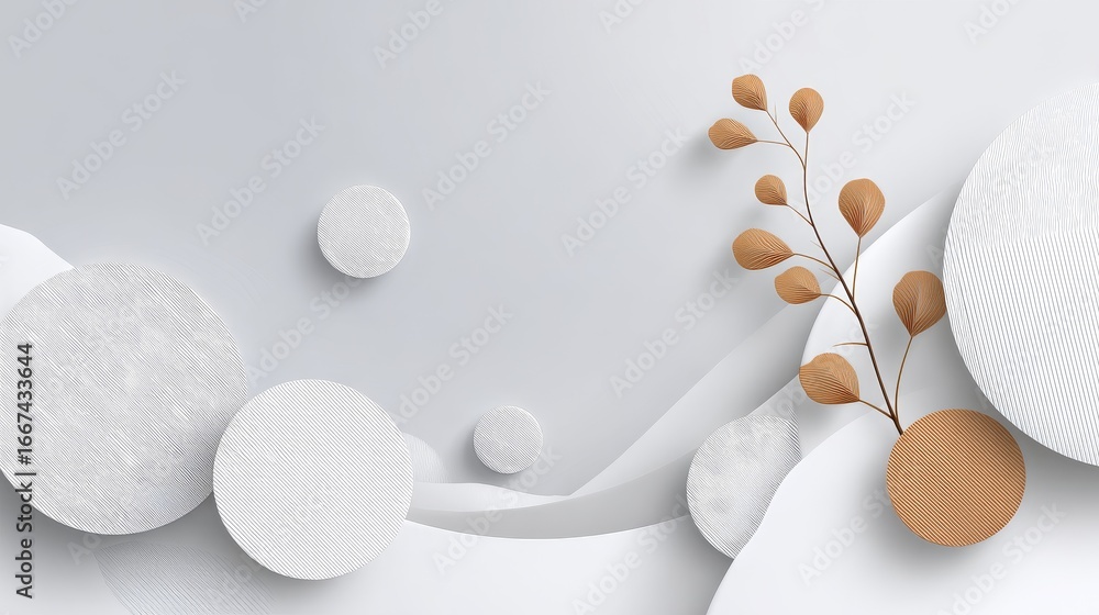 Poster a minimalistic abstract design featuring circular shapes and a plant element on a light background, 
