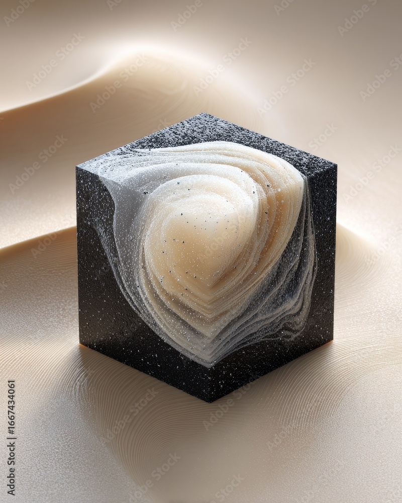 Poster a hexagonal cube with an abstract marble-like pattern, set against a neutral background, showcasing 
