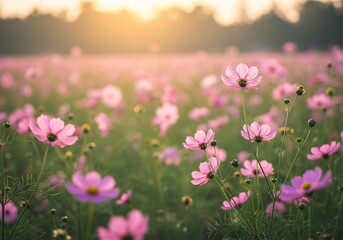 Fototapeta premium 夕焼けのコスモス畑風景写真
